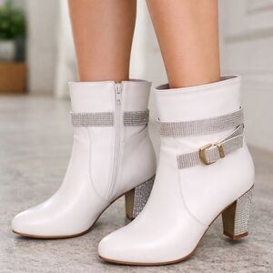 Women's ASHRO Vincentino Ivory Cream Faux Leather Gem Heeled Bootie, Sz 10